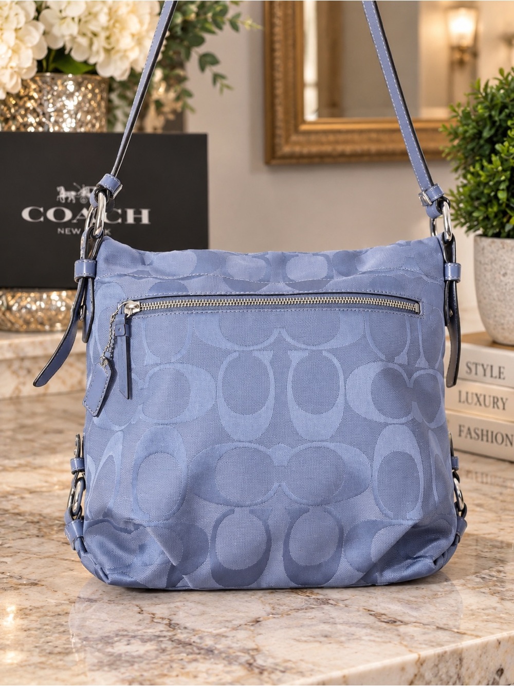 Coach 2010 Signature Hobo Shoulder Bag Slate Blue Retail $428.00